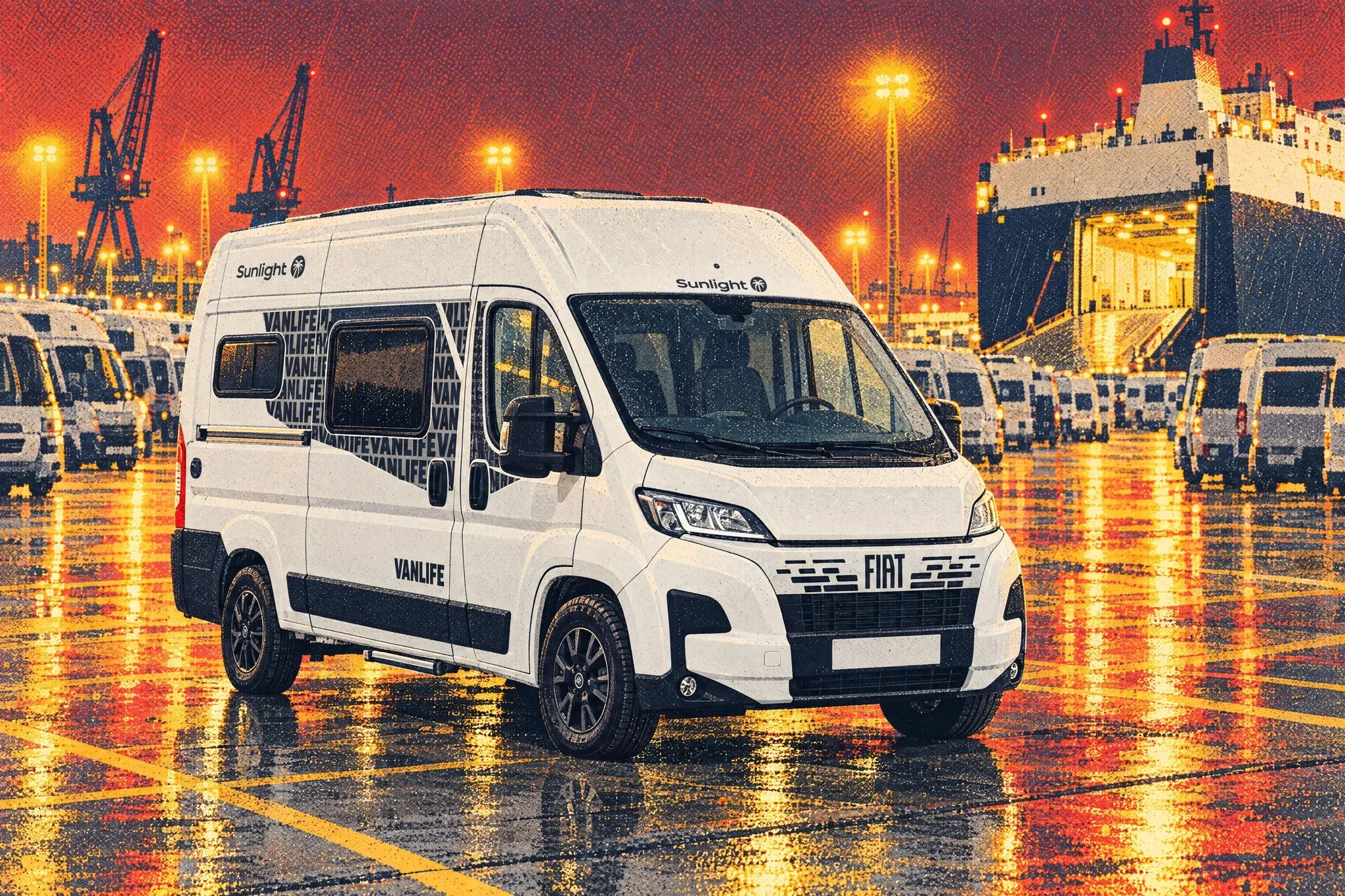 A Sunlight Vanlife 540 V campervan heads a row of new vans in Harwich port's import compound at night, a ro-ro ship behind and wet concrete glowing under floodlights.