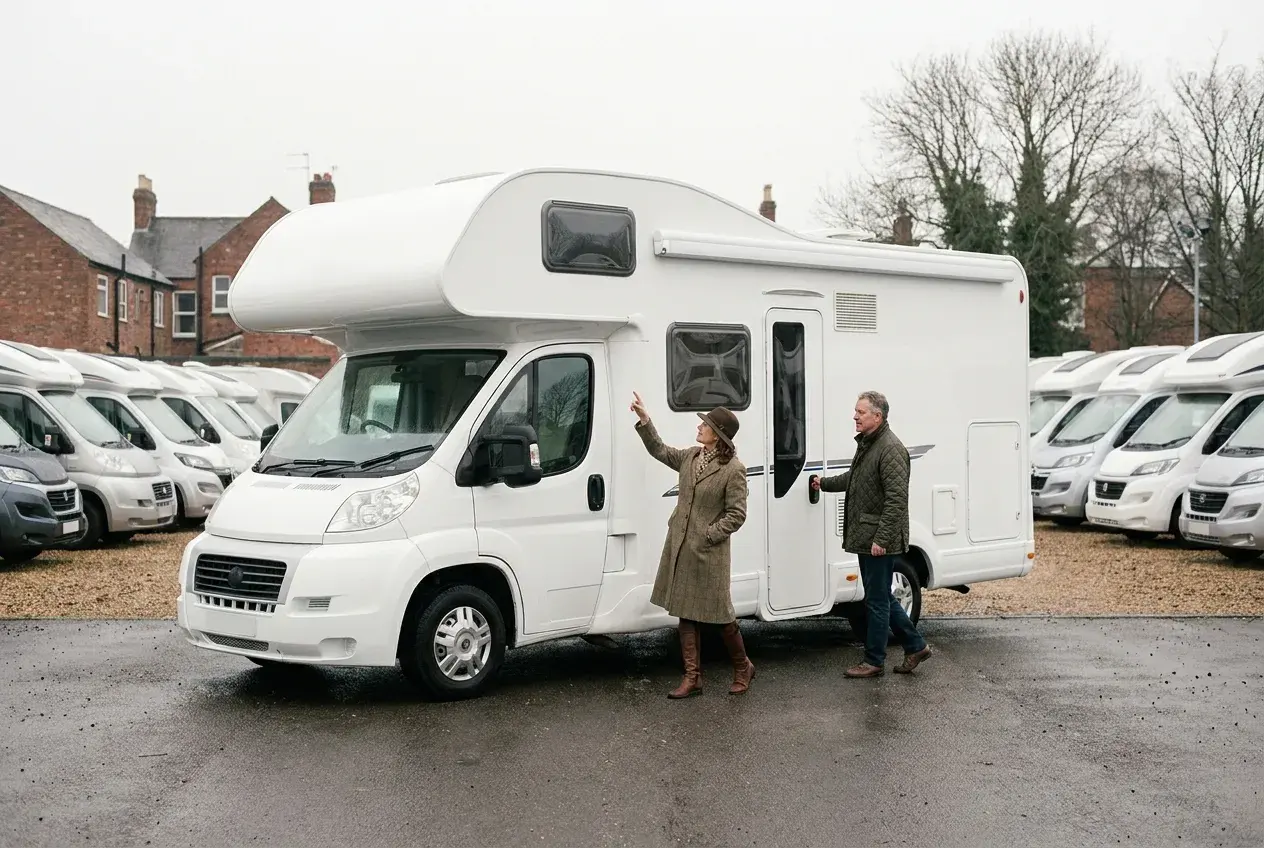 A couple and a salesperson inspect a white coachbuilt motorhome on a UK dealership forecourt in soft morning light, with more motorhomes behind.