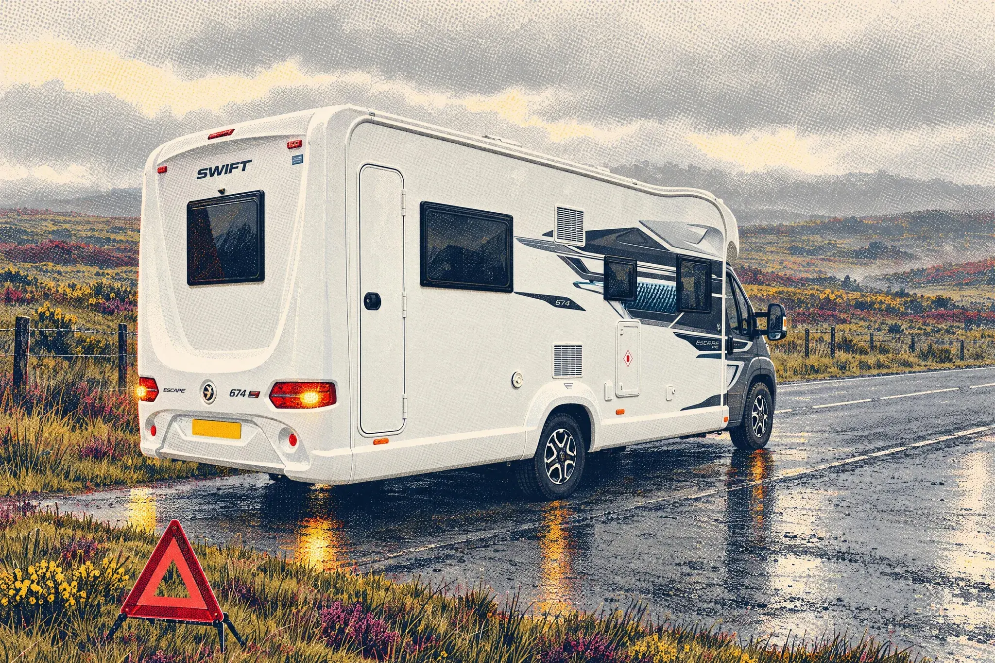 A Swift Escape 674 coachbuilt motorhome stopped in a wet A30 lay-by on Bodmin Moor in grey mizzle, hazard lights on and a red warning triangle on the verge behind it.