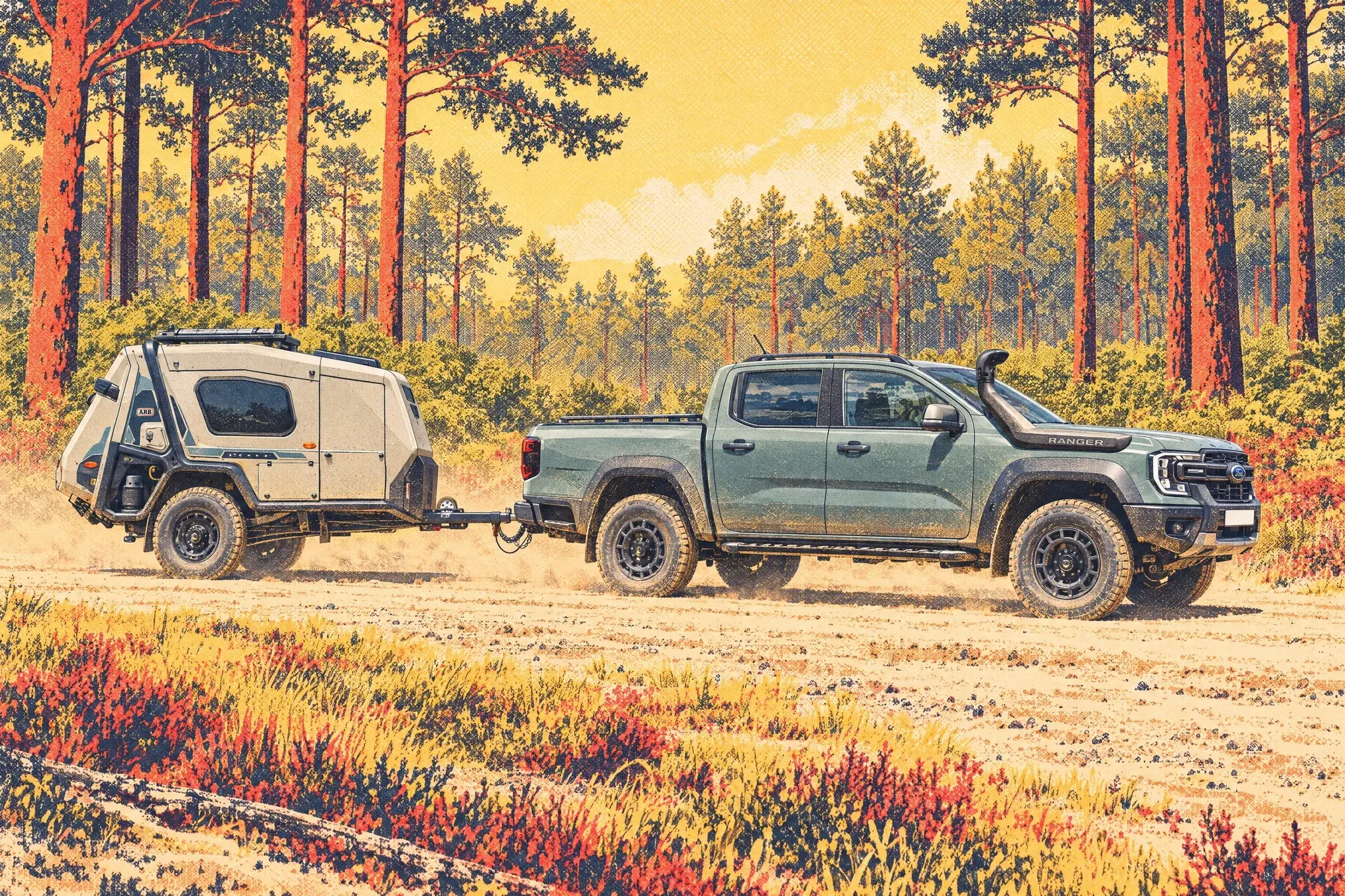 An ARB Earth Camper off-road trailer hitched to a Ford Ranger on a dusty, sunlit sandy track through the pines of Thetford Forest on a hot summer day.