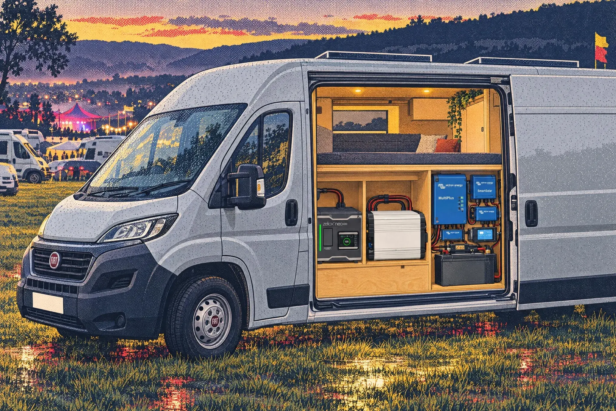 A campervan with rooftop solar at dusk in the Green Man Festival van field, its sliding door open on a Zeliox Neo 4000, a Clayton Power LPS II and blue Victron kit side by side.
