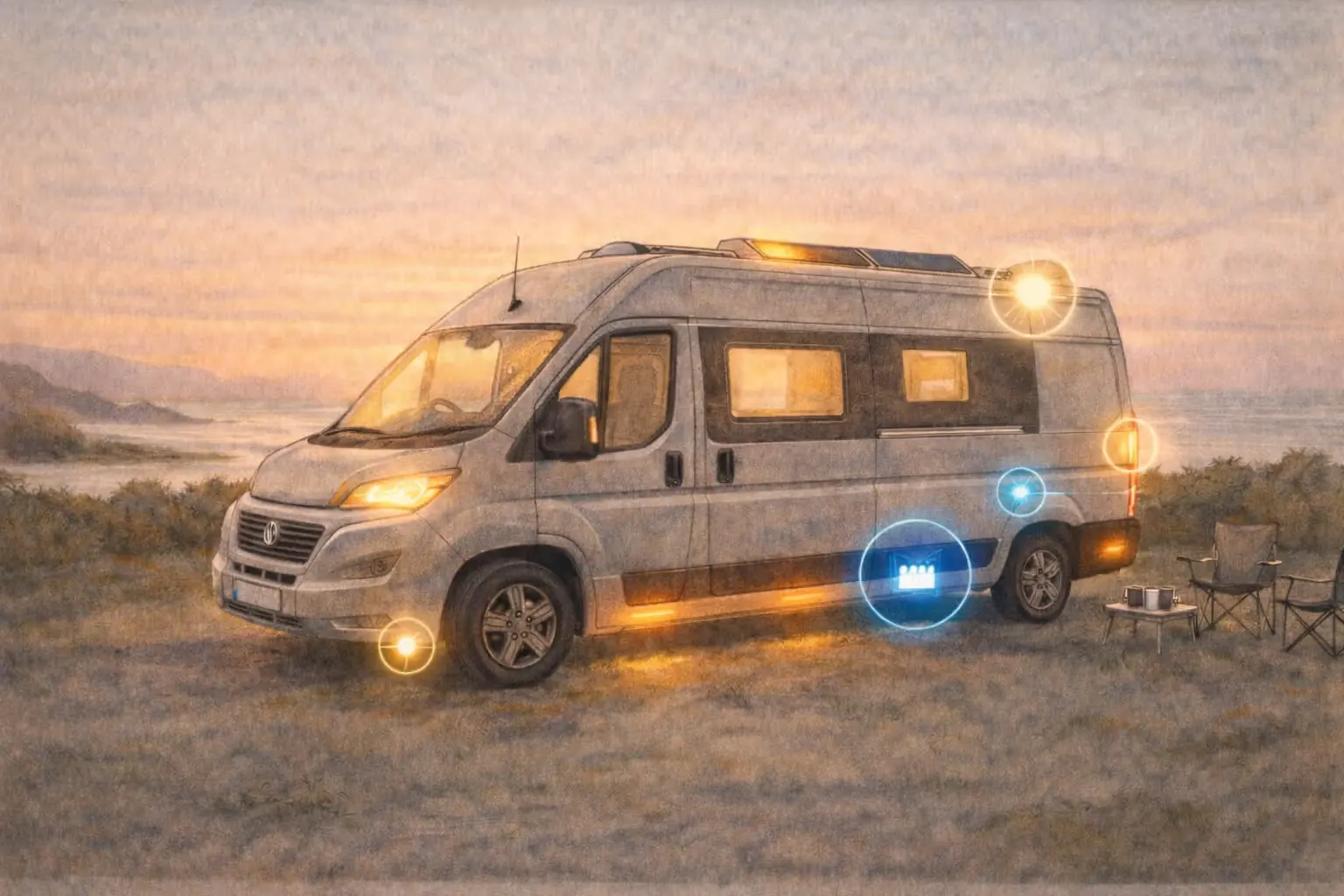 White VW campervan with illuminated windows parked on sandy ground at dusk, mountains and water visible behind.