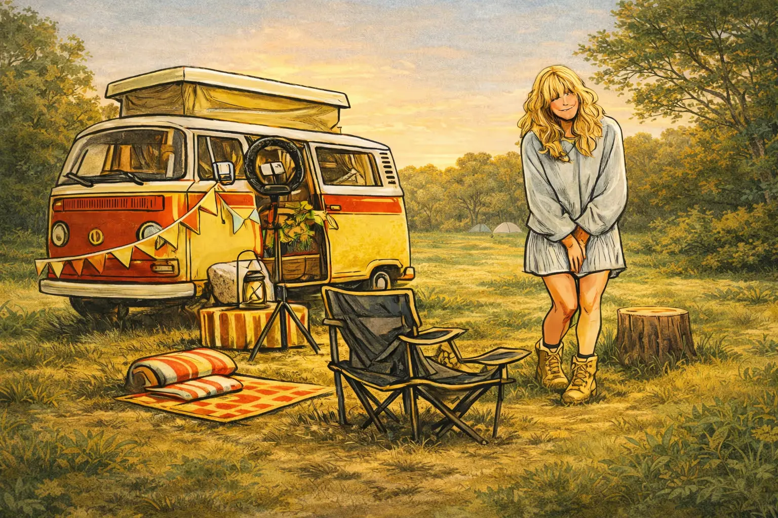 Red and yellow VW campervan with roof box and bunting at campsite, woman standing nearby with camping chairs and picnic blanket.