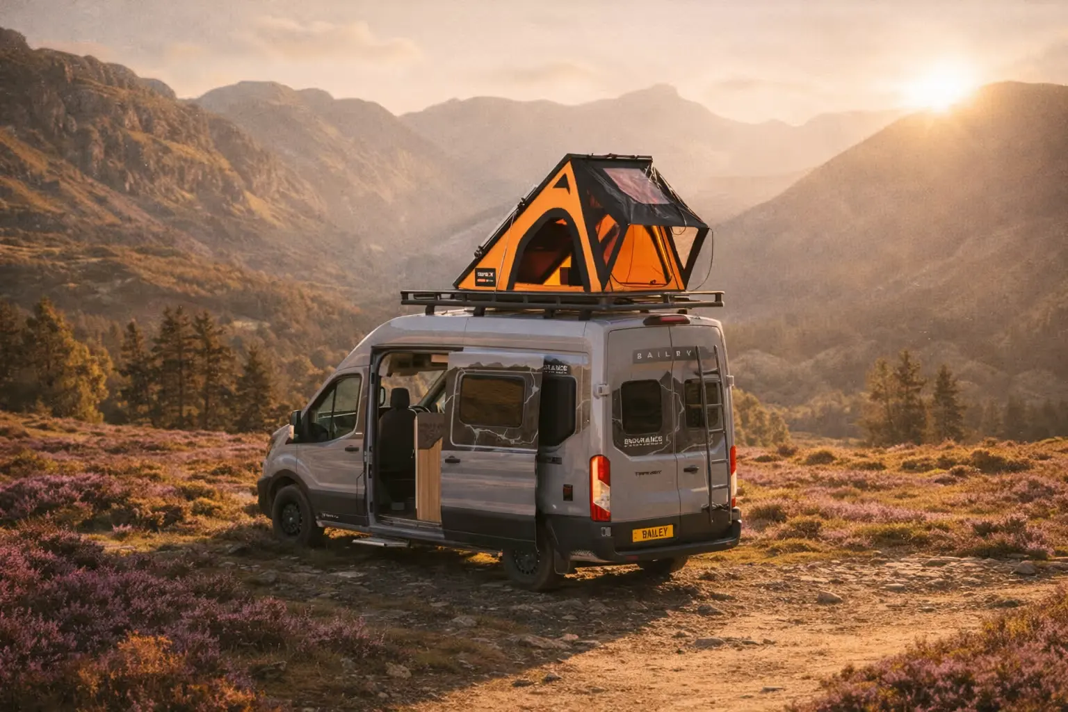 Silver Bailey Endurance campervan with orange roof tent parked in mountain valley landscape at sunset.