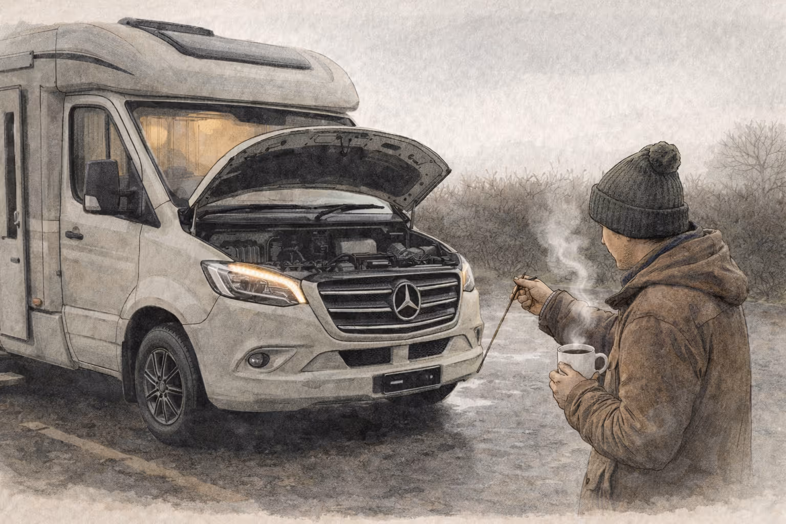 White Mercedes Sprinter van with open bonnet next to campervan, person holding hot drink in winter setting.