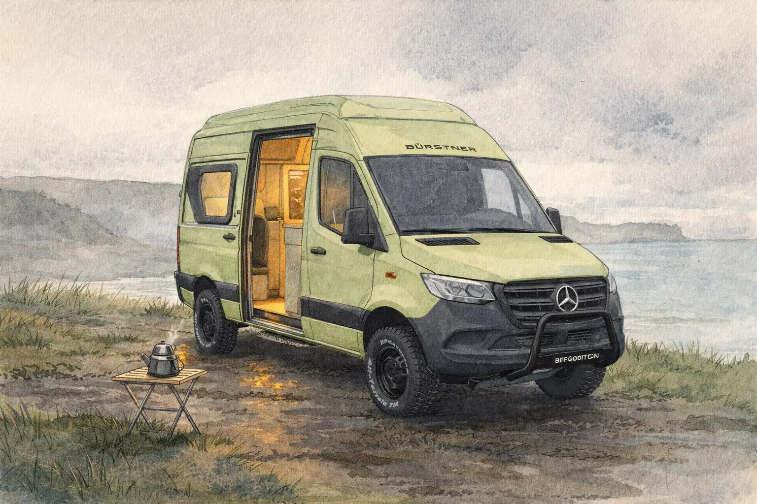 Lime-green and grey Mercedes Sprinter van conversion parked on coastal ground with open side door and warm interior lighting visible.