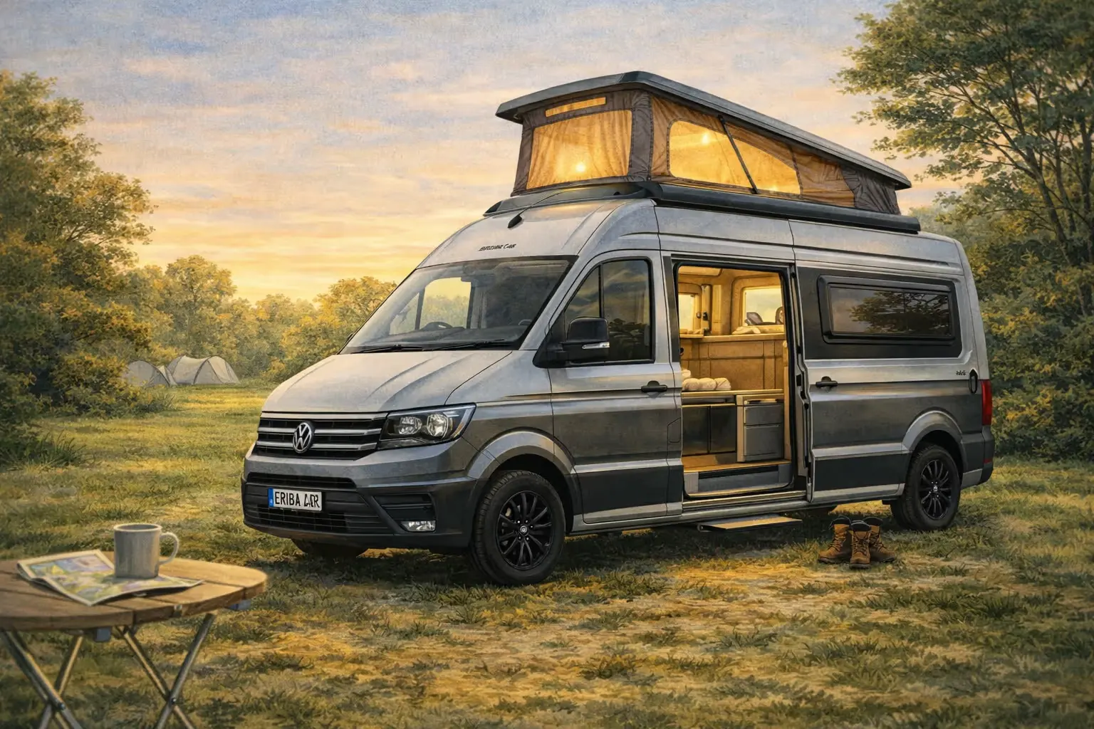 Silver Volkswagen campervan with pop-up roof and open side door, parked in grassy campsite at dusk.
