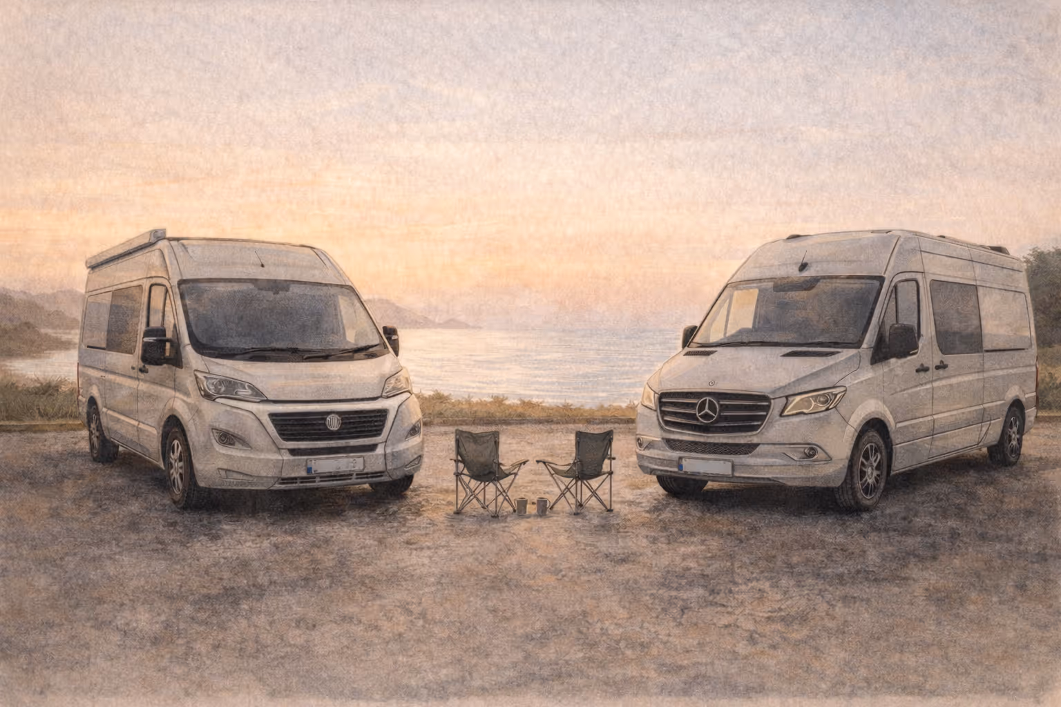 Two white campervans parked on beach sand facing water, with camping chairs positioned between them.