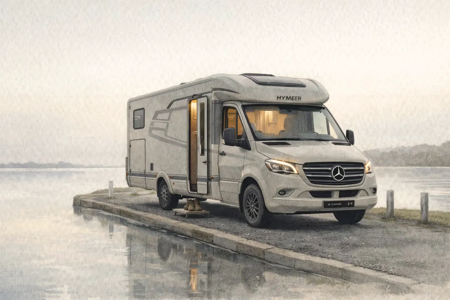 Hymer motorhome with open side door parked on wet concrete by still water, Mercedes cab visible.
