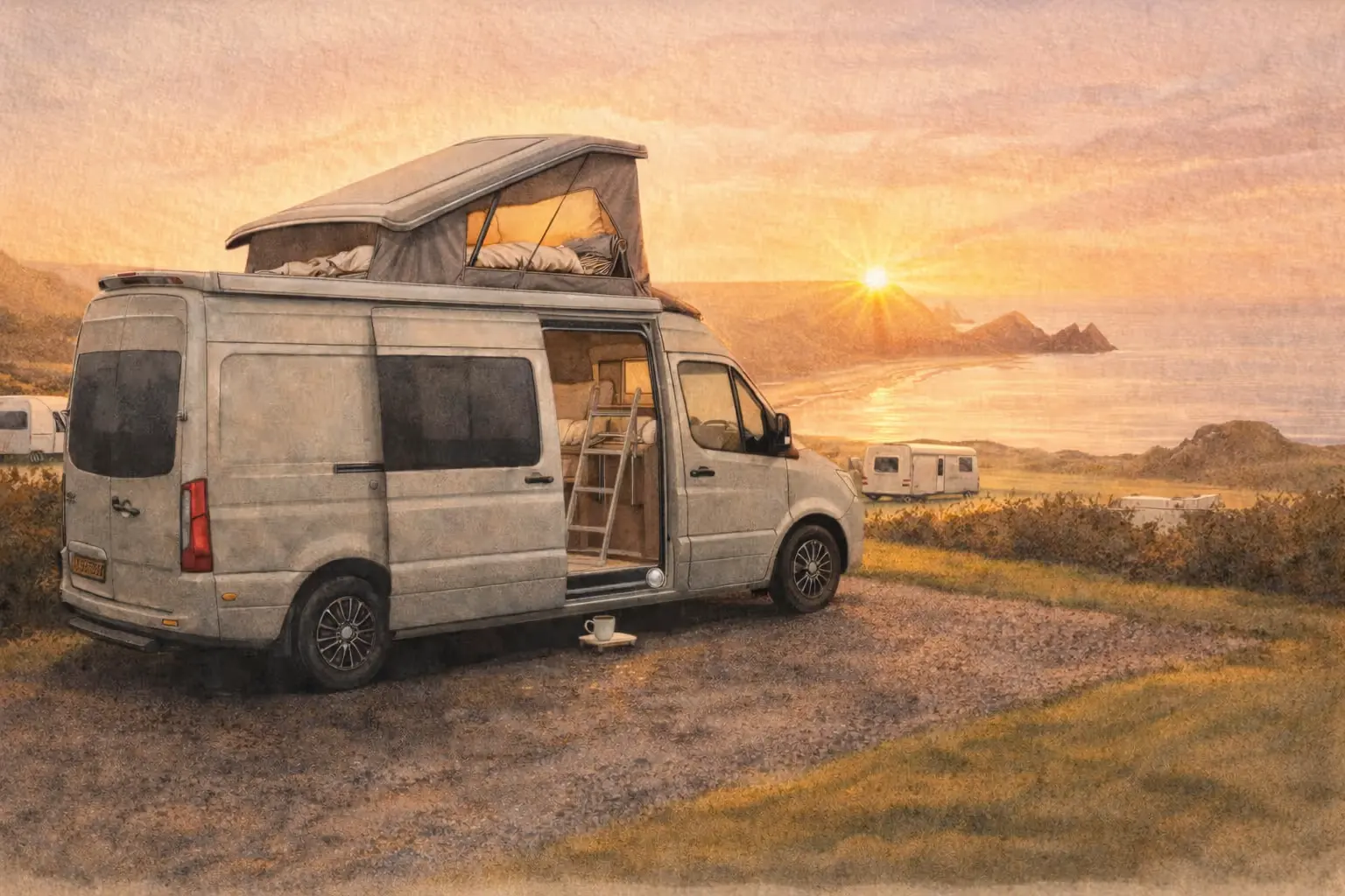 White van conversion with pop-top roof open and side door ajar, parked in desert landscape at sunset.