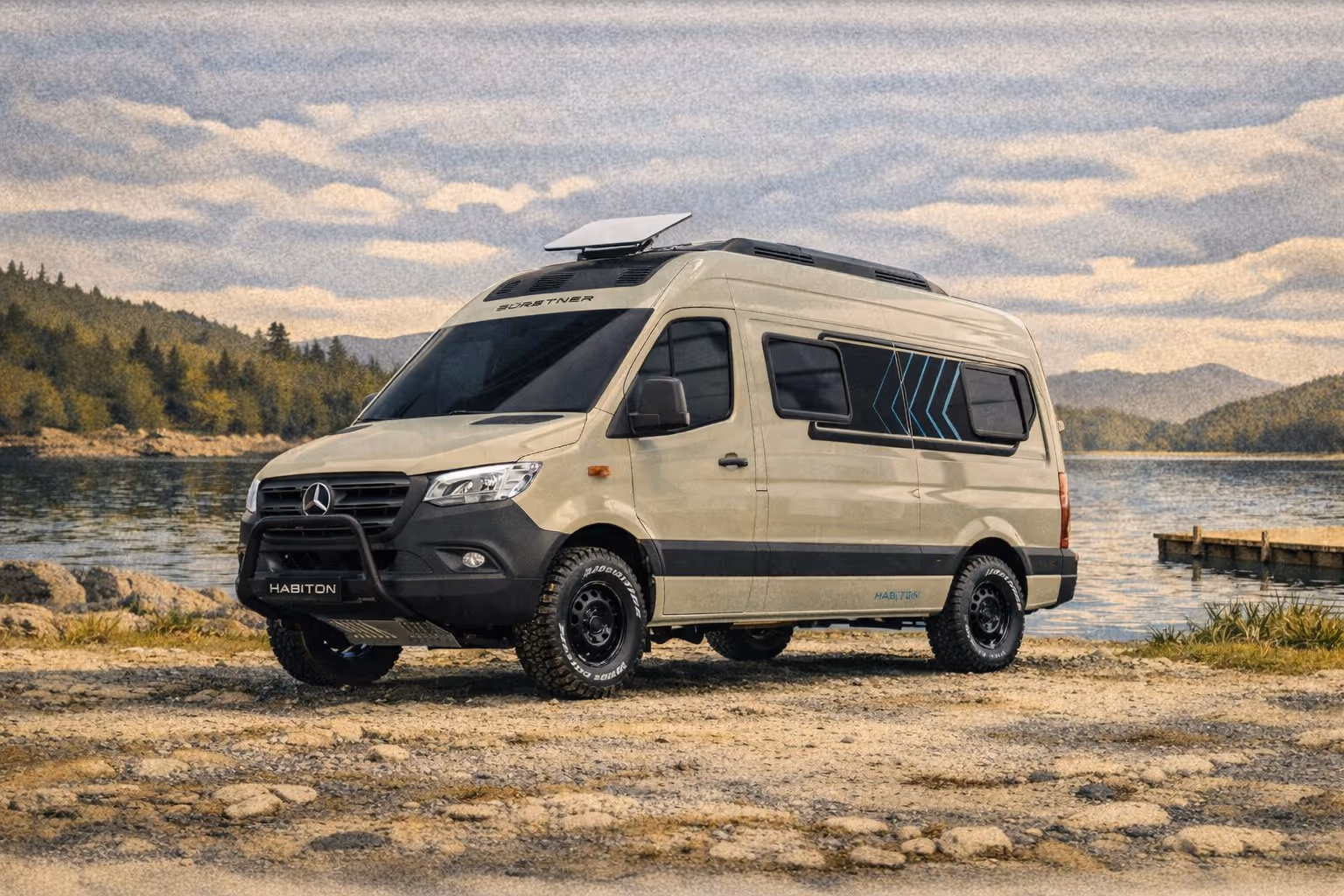 Cream and black Mercedes campervan parked on lakeside beach with roof rack and solar panel.