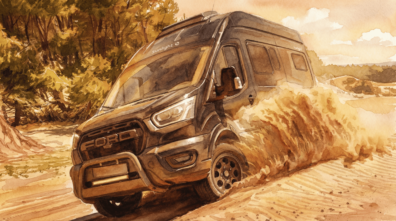 Ford-based campervan with open driver door parked on sandy terrain beside trees during golden hour.