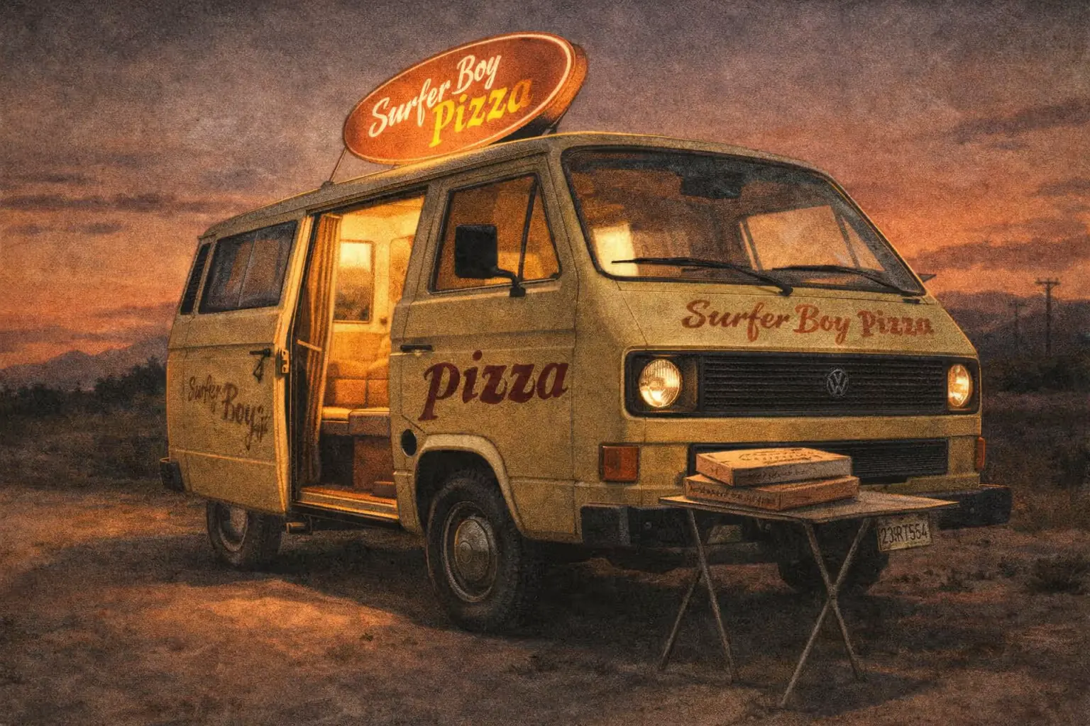 Vintage VW campervan with "Surfer Boy Pizza" branding, open side door, neon sign on roof, pizza boxes visible in serving window at dusk.